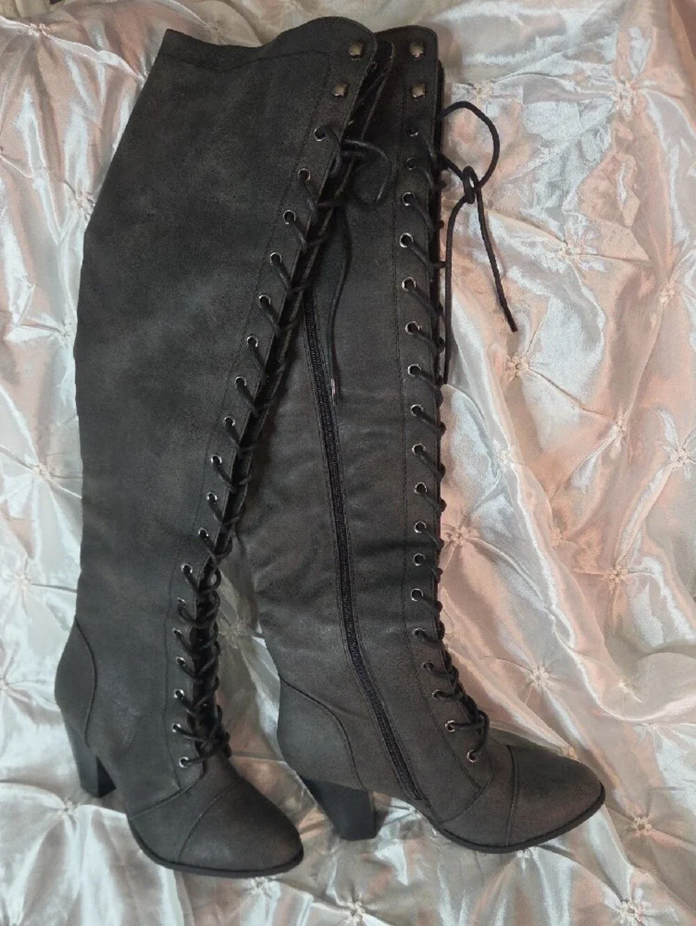 Forever New Charcoal Lace-Up Over-the-Knee Heeled Boots